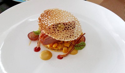 Smoked Duck Breast, Piemond Polenta, Corn Kernel Coulis, Grape Compote in Red Wine