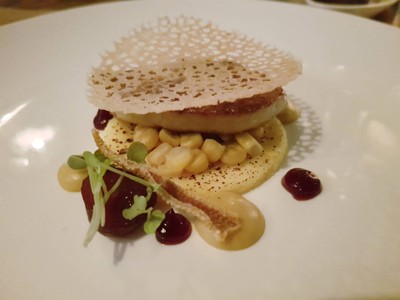Foie gras escalope, Rasberry coulus, Rocket salad