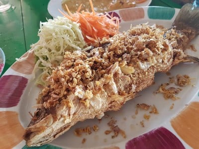 ปลากระพงขาวทอดกระเทียม