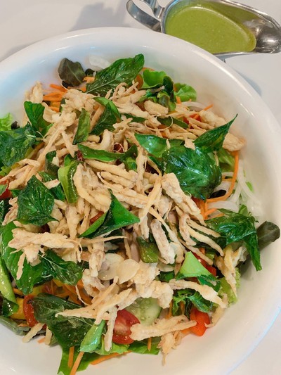 Grilled pork with Crispy Herb Garden Salad and Sweet Basil Dressing