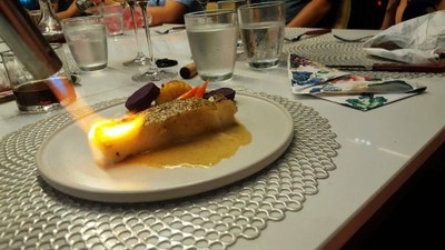 Baked Us snow fish saffron truffle  saute vegetable