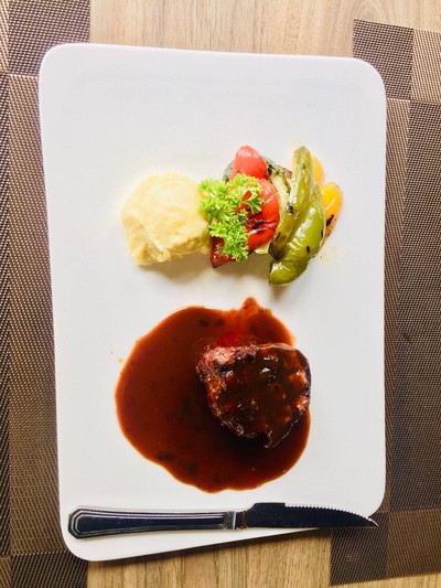 Charcoal Grilled Aus Tenderloin steak with red wine Sauce