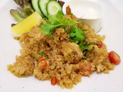 Tom Yum Shrimp Organic Quinoa Fried Rice With Organic Onsen Egg