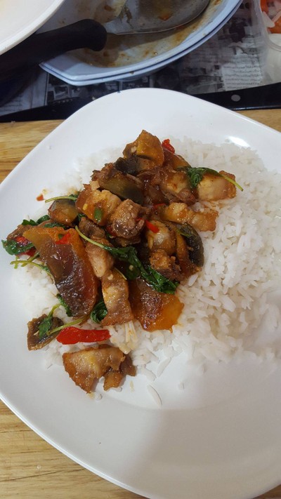 ข้าวราดกะเพราหมูกรอบใส่ไข่เยี่ยวม้า