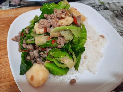 ข้าวราดผัดแขนงหมูสับใส่เต้าหู้ไข่