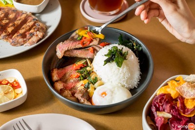 Smiling coffee and steak