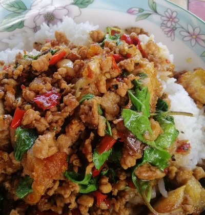 กระเพราหมูสับราดข้าว