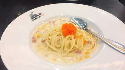 สปาเก็ตตี้เเฮมเเละไข่กุ้ง