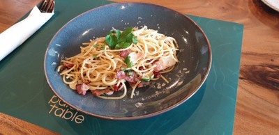 Spaghetti deep fried prawn with onsen egg