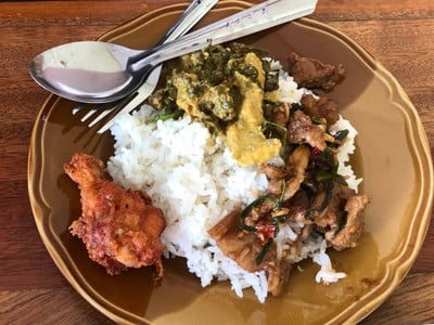 ผัดกะเพราหมู+แกงขี้เหล็กหมู+ไก่ทอด