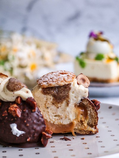 Choco Hazelnut Choux with Hazelnut Praline, Chantilly & Miso Caramel