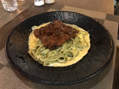 #3028_ฟิตตูผักโขมคาโบนาราไข่ออนเซ็น+ซี่โครงหมูบาบีคิว