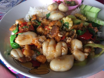 ข้าวกะเพราไข่ปลาหมึก+ไข่ปู