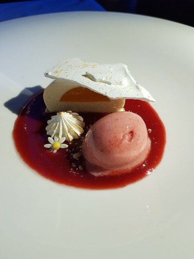 Creamy Cheese Cake, Strawbery Sorbet And Compote With Crispy Meringue