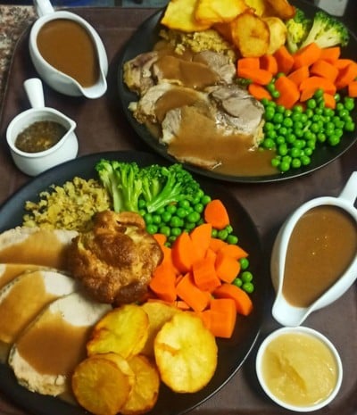 Fresh homemade gravy, stuffing and sauces with Potatoes and veg of the day.