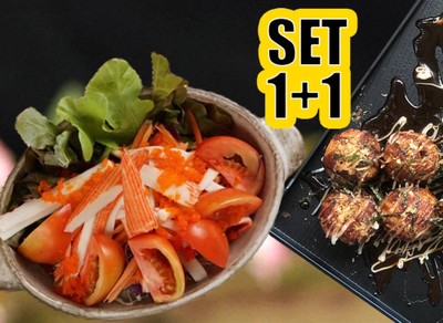 สลัดปูอัดไข่กุ้ง + ทาโกยากิ 4 ลูก