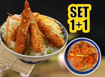 ข้าวหน้ากุ้งชุปแป้งทอด + กิมจิ
