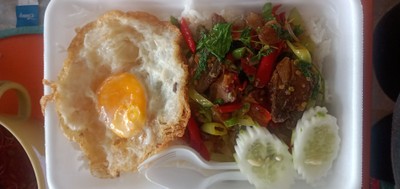 ผัดกะเพราหมูกรอบ+ไข่ดาว