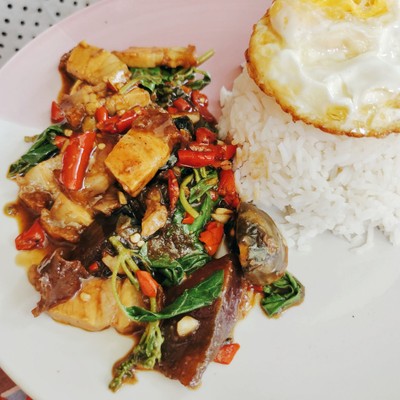 ข้าวราดกะเพราไข่เยี่ยวม้า เลือกเนื้อสัตว์