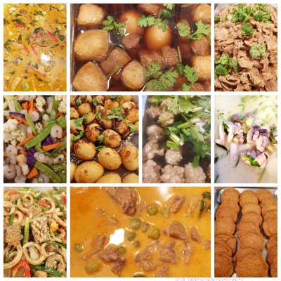 แกงเขียวหวาน ไข่พะโล้ หมูกระเทียม ผัดผักรวมกุ้ง ไข่ลูกเขย ต้มจืด ต้มข่าไก่ ผัดปล