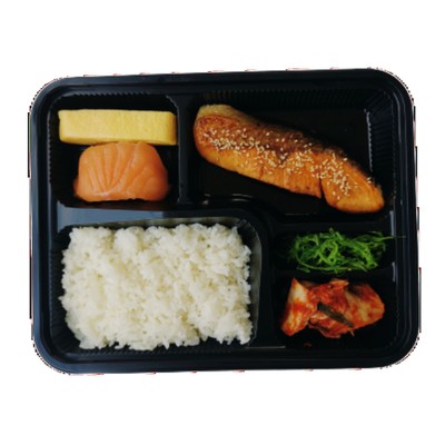 ชุดเบนโตะ ข้าวปลาแซลมอนย่างเกลือ + ไข่หวาน +ปูอัด + กิมจิ + สาหร่าย+ซุปมิโสะ