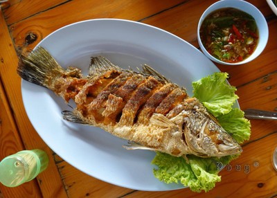 ปลากระพงทอดราดพริก