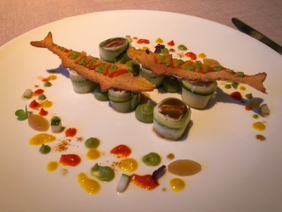 Short-bodied mackerel terrine, marinated cucumber, and tomato confit