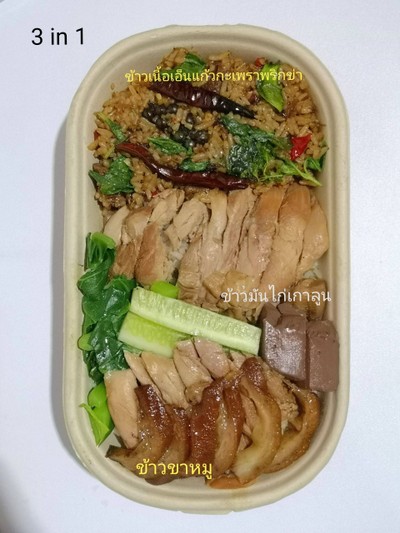 ข้าวขาหมู ข้าวมันไก่เกาลูน และข้าวมันเนื้อเอ็นแก้วกะเพราพริกข่า