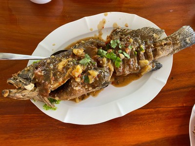 ปลาเก๋าทอดราดพริกสามรส