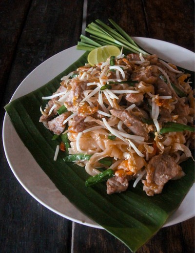“Pad Thai” a classic Thai street food, stir-fried rice noodles with eggs, veggie