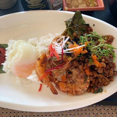 ข้าวกะเพรารวมมิตรไข่ออนเซน