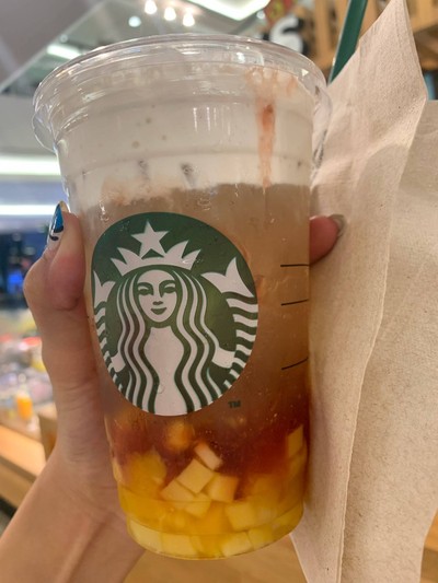 Iced strawberry mango jelly starbuck milk cream oolong