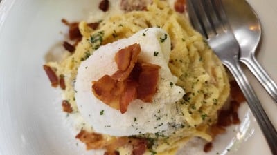 Fettucine Bacon Carbonara with poached egg