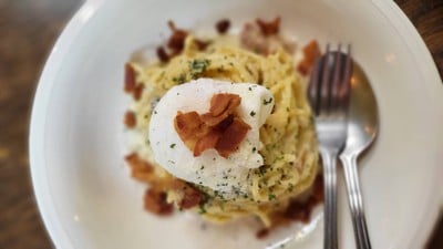 Fettucine Bacon Carbonara with poached egg