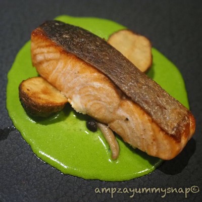 Salmon Fillet with Rocket Pesto, New Potatoes, Sautéed Mushrooms