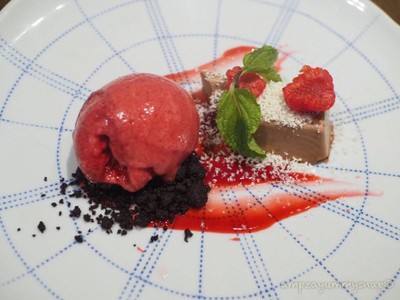 Chocolate Mousse with Chocolate Textures, Raspberry Sorbet