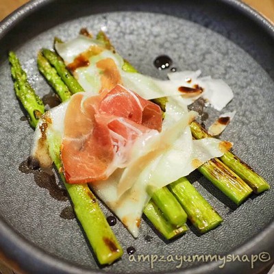 Fire Grilled Asparagus with Cured Ham, Parmesan, 8 years aged Balsamic