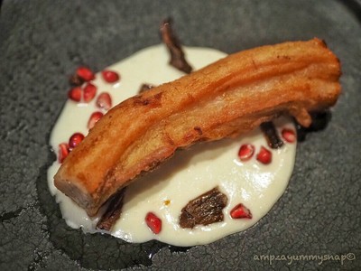 Roasted Pork Belly with Black Trumpet Mushrooms, Pomegranate, Mornay Sauce