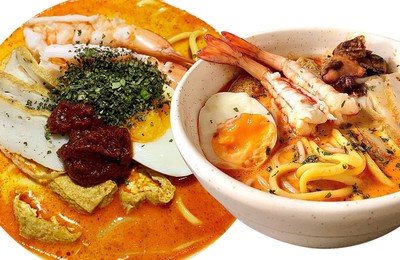 Creamy broth w/noodles & big prawns.