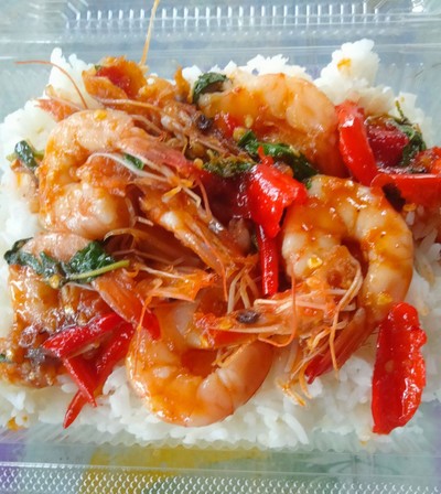 กะเพรากุ้งราดข้าว รสจัดจ้าน