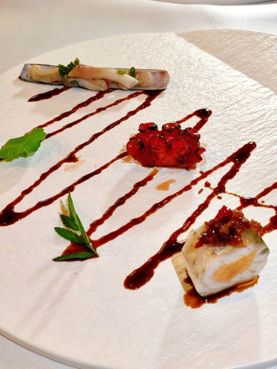 Sea Bass Egg Rolls with XO sauce, Char siu Squid, Taiwanese Mullet Roe