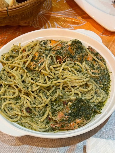 Pasta al pesto เพิ่มกุ้ง