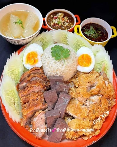 วิธีทำ ข้าวมันสองใจ💕ข้าวมันไก่ทอด-หมูทอด