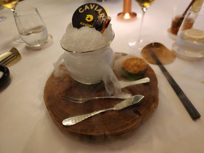Caviar Fole Gras with Iberian Ham + Peach Oolong