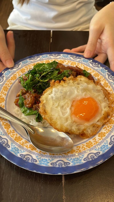 ข้าวกะเพรากรอบเป็ดตุ๋นยาจีน