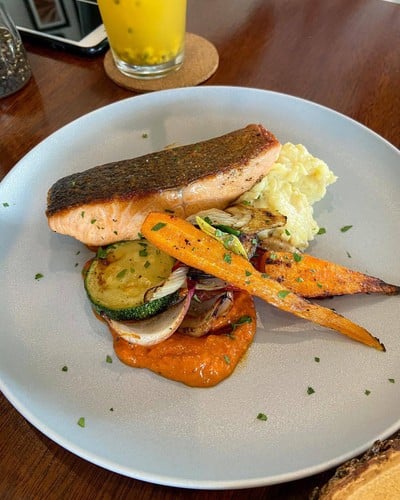 Pan-Fried Salmon, romesco sauce with mashed potato