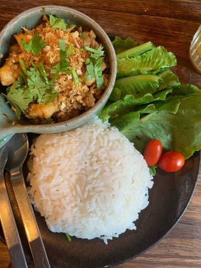 ข้าวหมูสับ+กุ้งคั่วพริกเกลือ