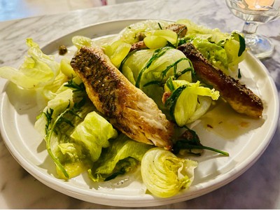 Pan seared coriander seeds & grapefruit skin infused Golden snapper on the bed of quick cooked lettuce & wild rocket with anchovy