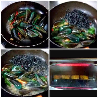 วิธีทำ สปาเก็ตตี้ดำผัดกระเพราหอยแมลงภู่