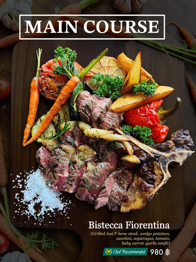 Grill Australian T-Bone steak, wedge potatoes, zucchini,asparagus, 🍅, 🥕 🧄 con
